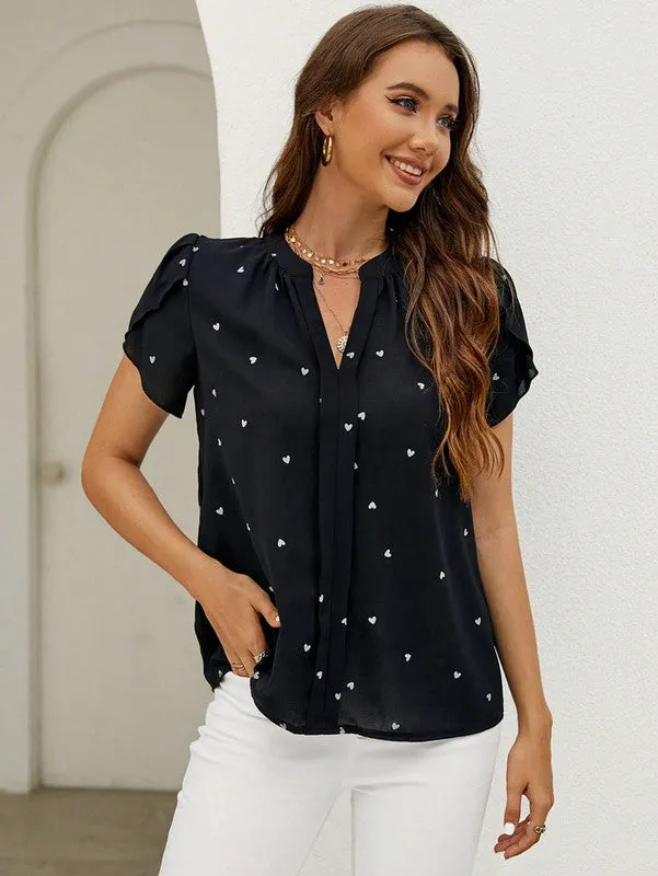 Brigitte | Charming Blouse with Heart Print and V Neckline