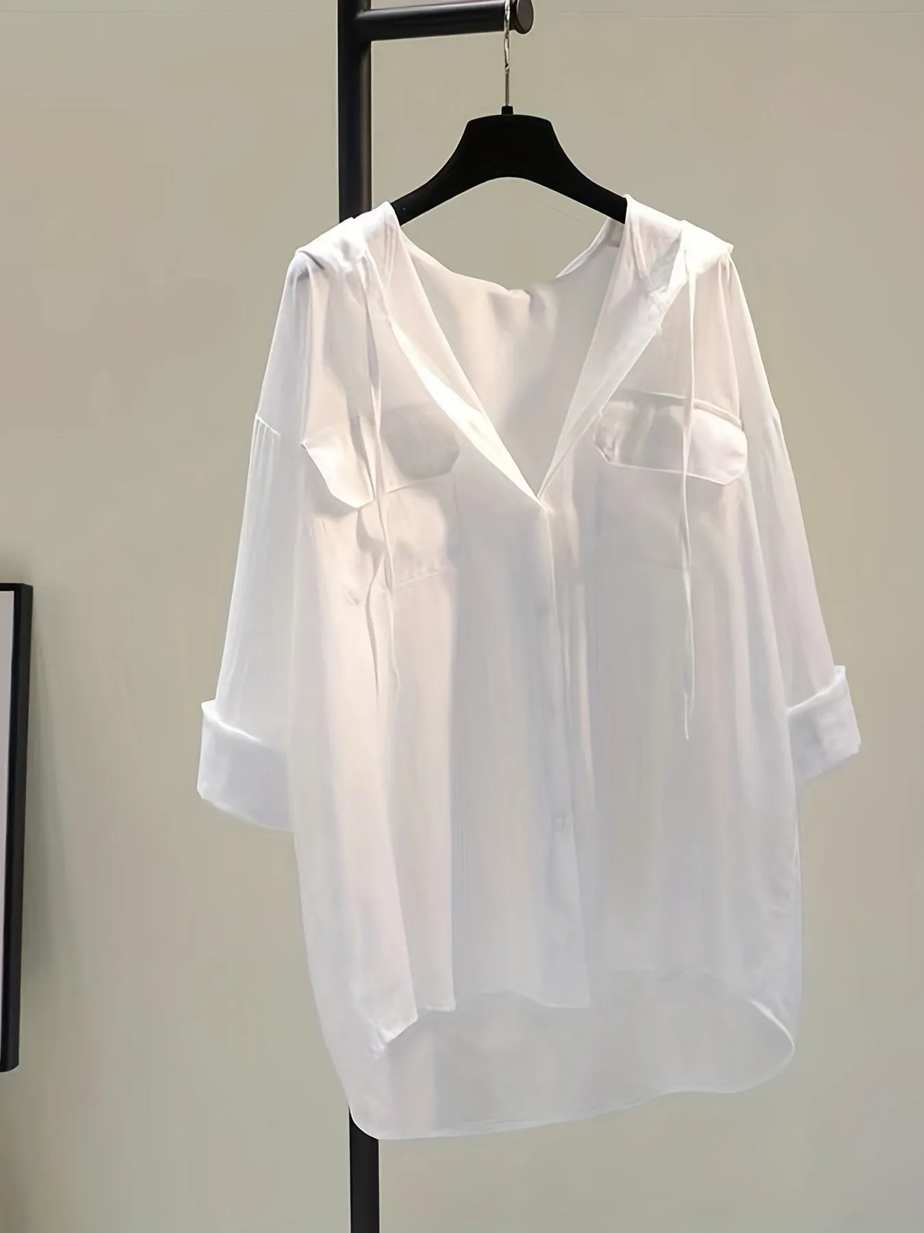 Button-Down Hoodie Blouse - Drawstring Detail & Comfortable Fit