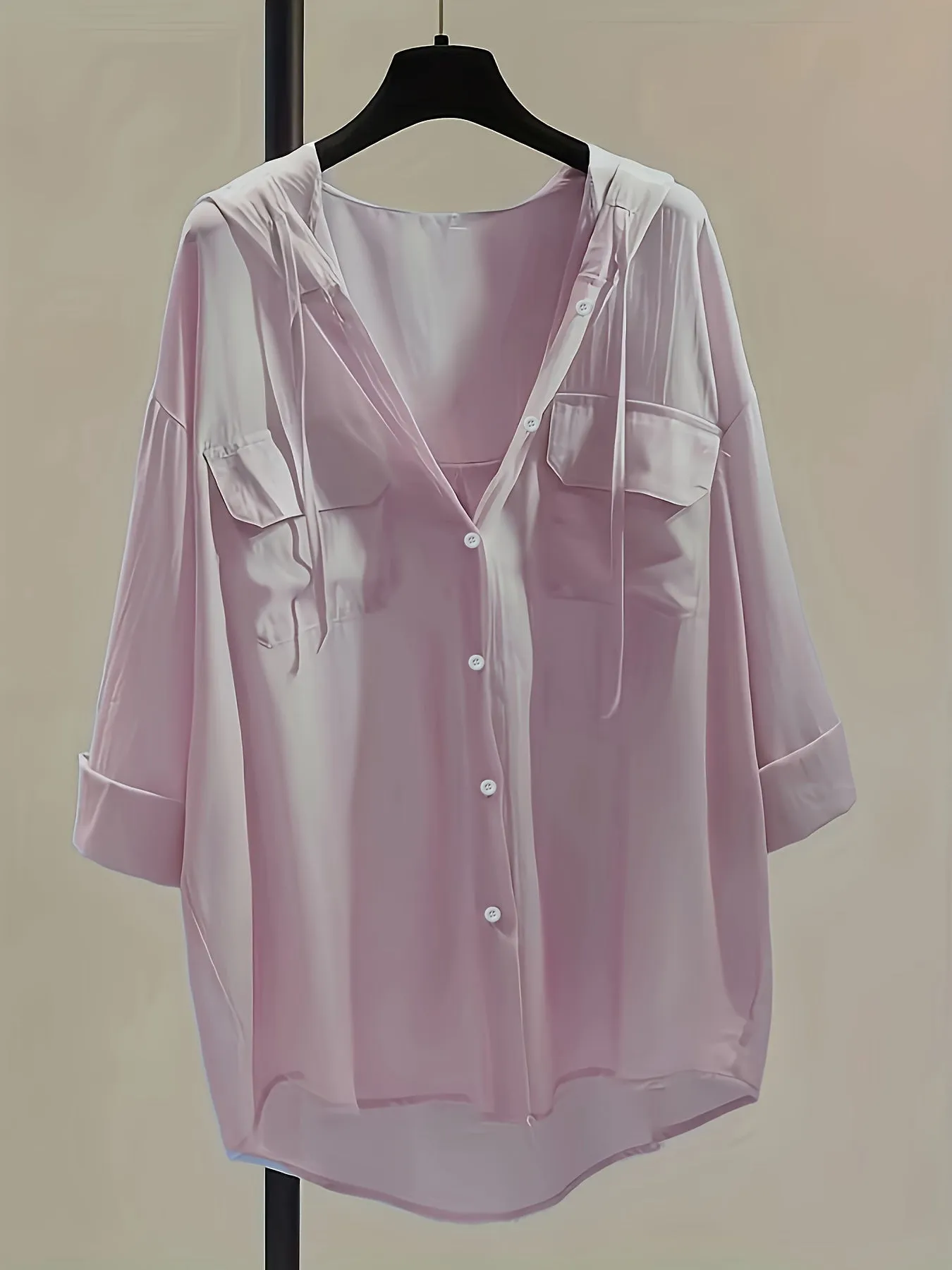 Button-Down Hoodie Blouse - Drawstring Detail & Comfortable Fit
