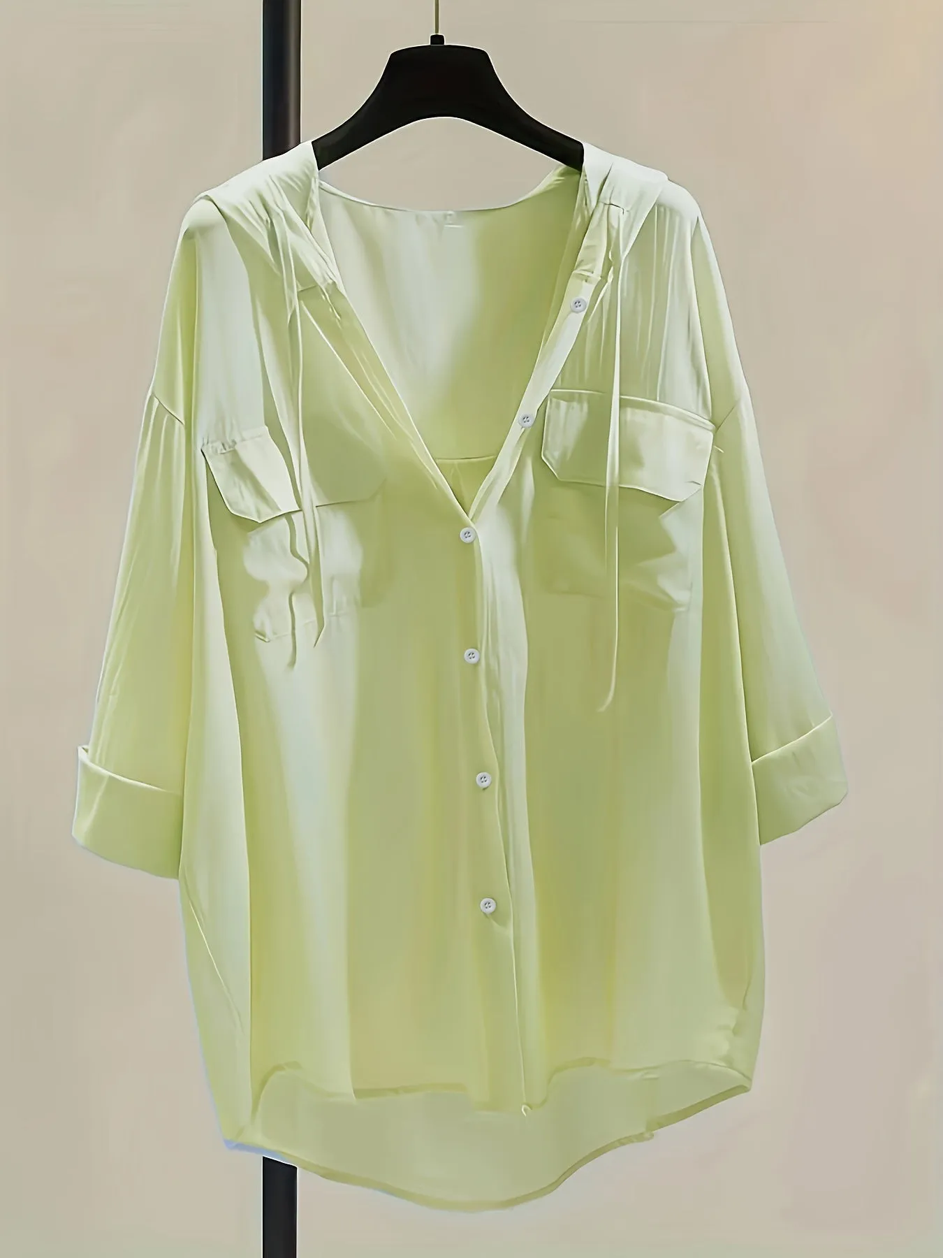 Button-Down Hoodie Blouse - Drawstring Detail & Comfortable Fit