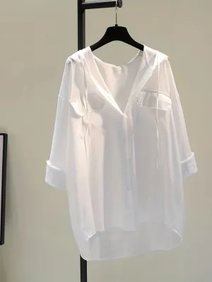 Button-Down Hoodie Blouse - Drawstring Detail & Comfortable Fit