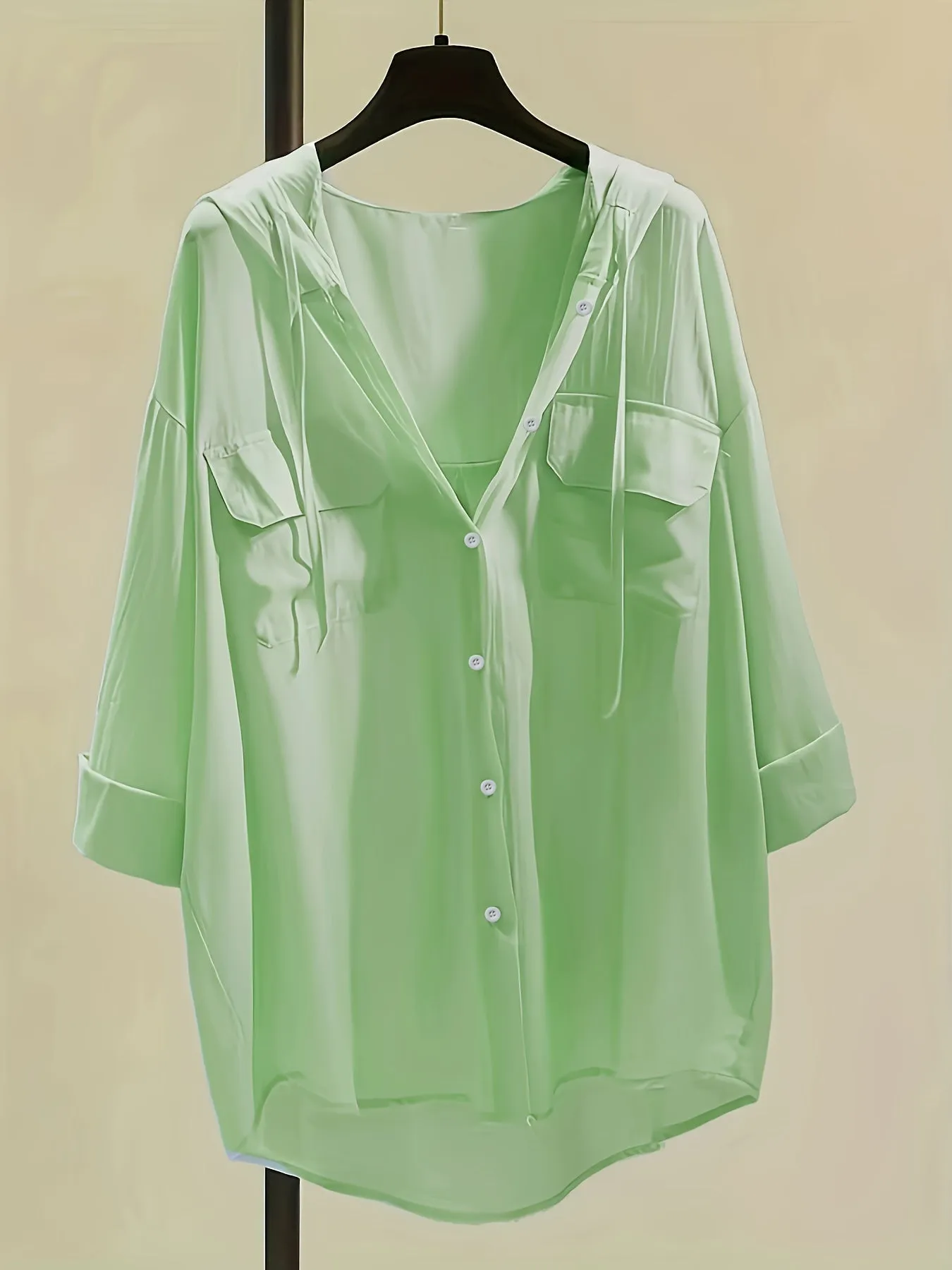 Button-Down Hoodie Blouse - Drawstring Detail & Comfortable Fit