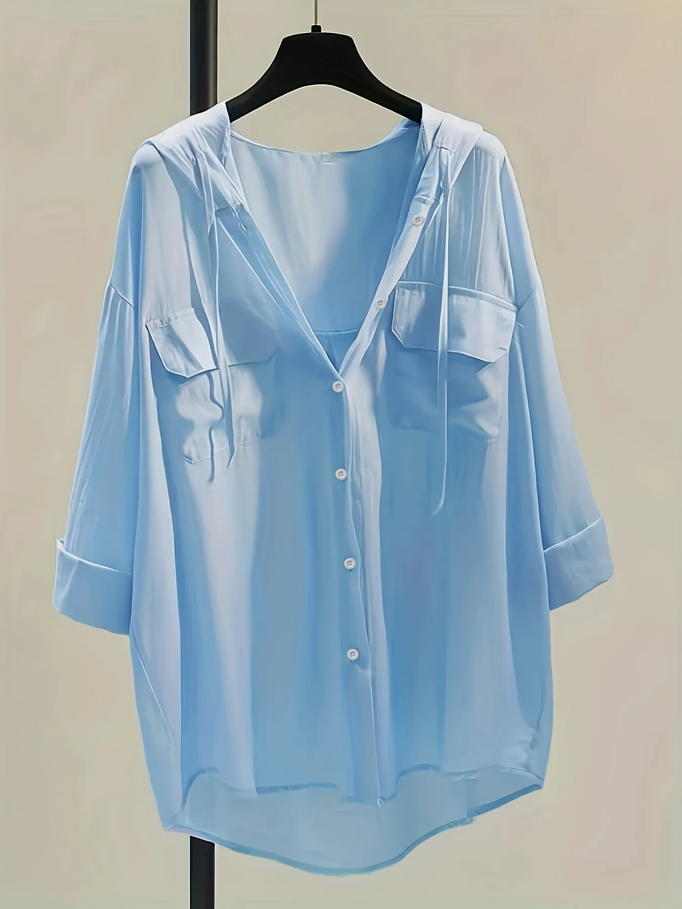 Button-Down Hoodie Blouse - Drawstring Detail & Comfortable Fit
