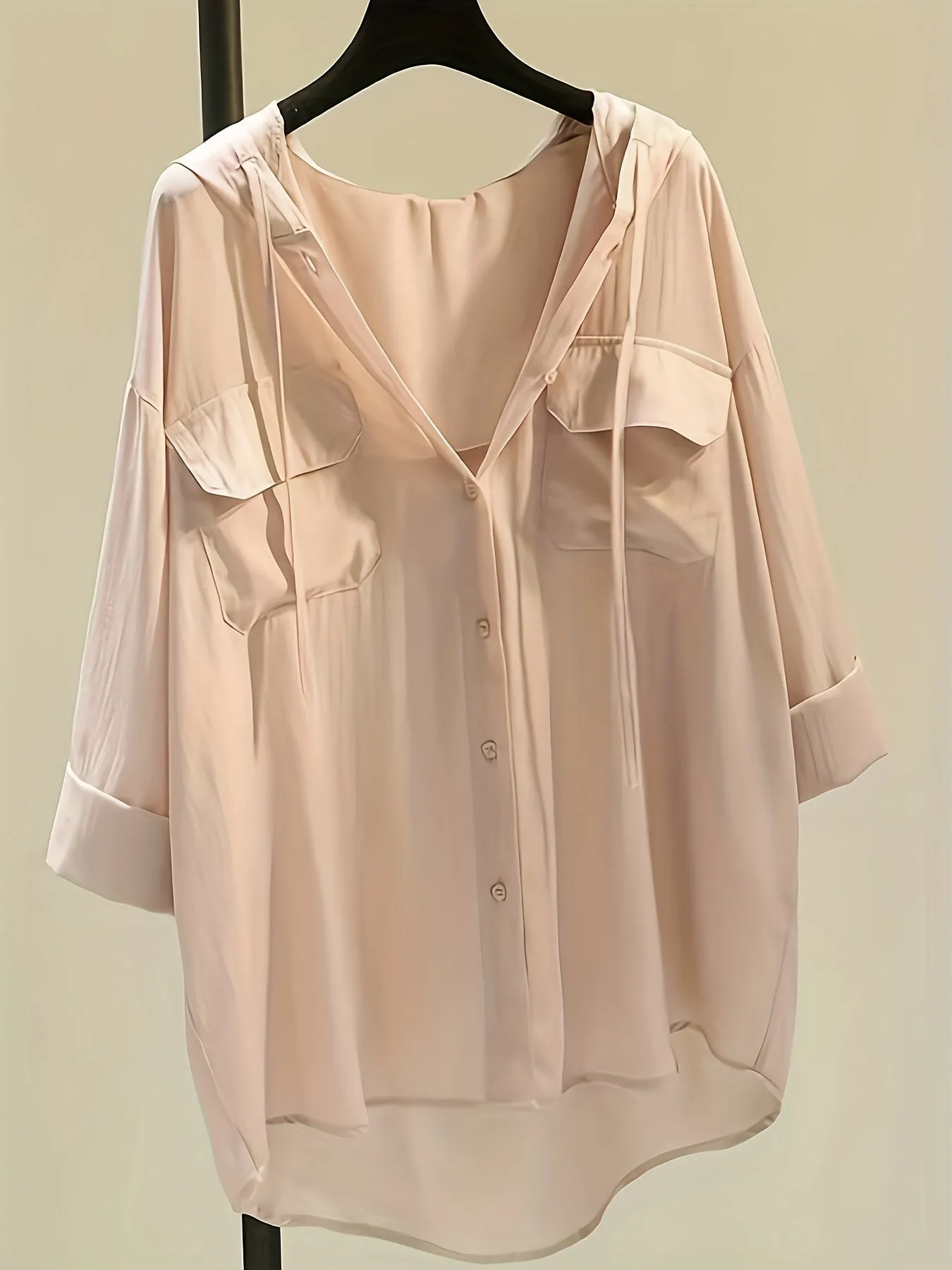 Button-Down Hoodie Blouse - Drawstring Detail & Comfortable Fit