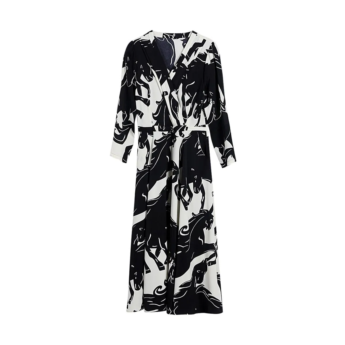 Calf-length Floral Dress with a Waist-Cinching Design