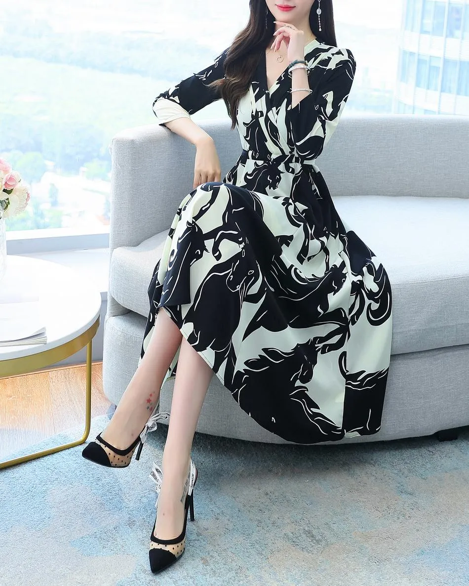 Calf-length Floral Dress with a Waist-Cinching Design