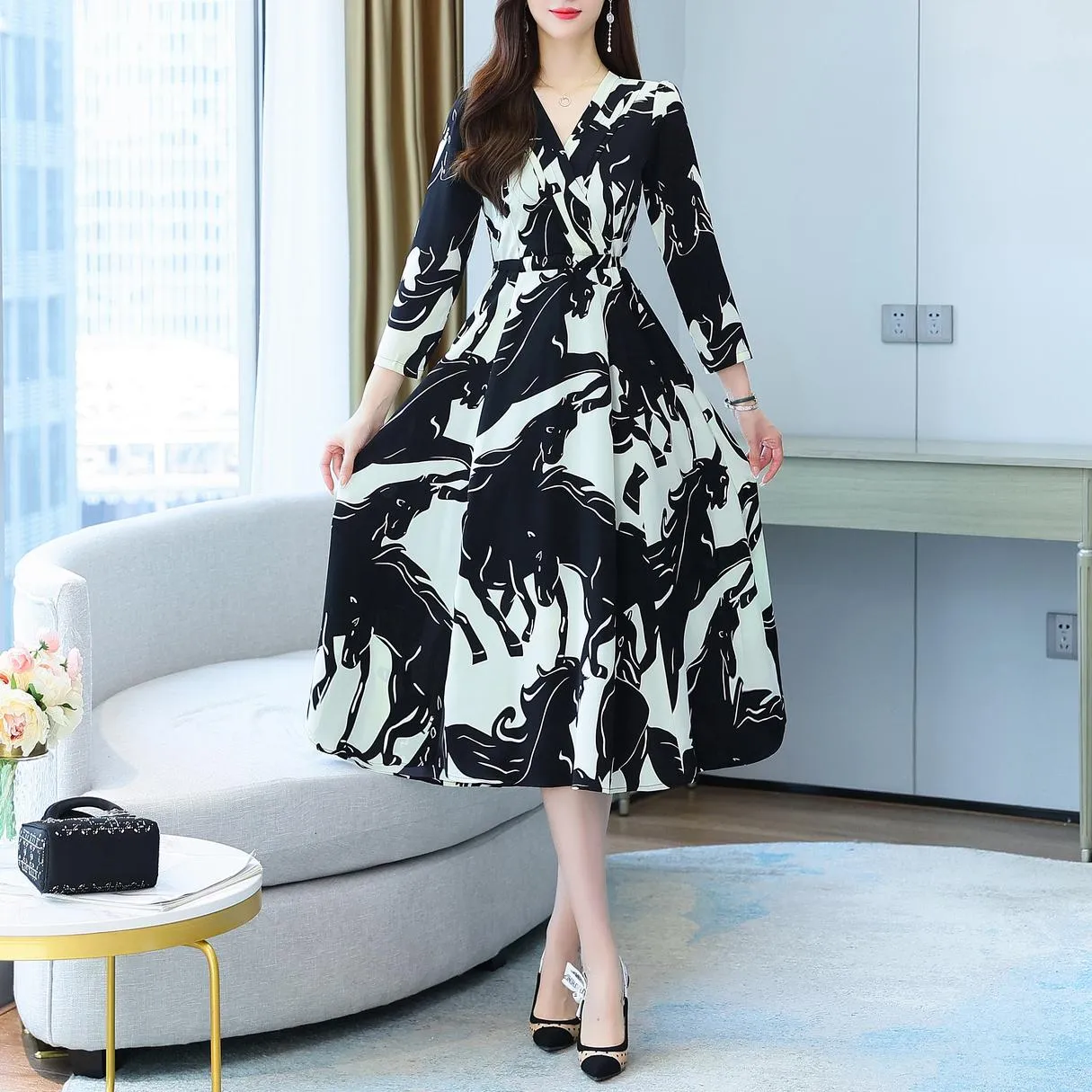 Calf-length Floral Dress with a Waist-Cinching Design