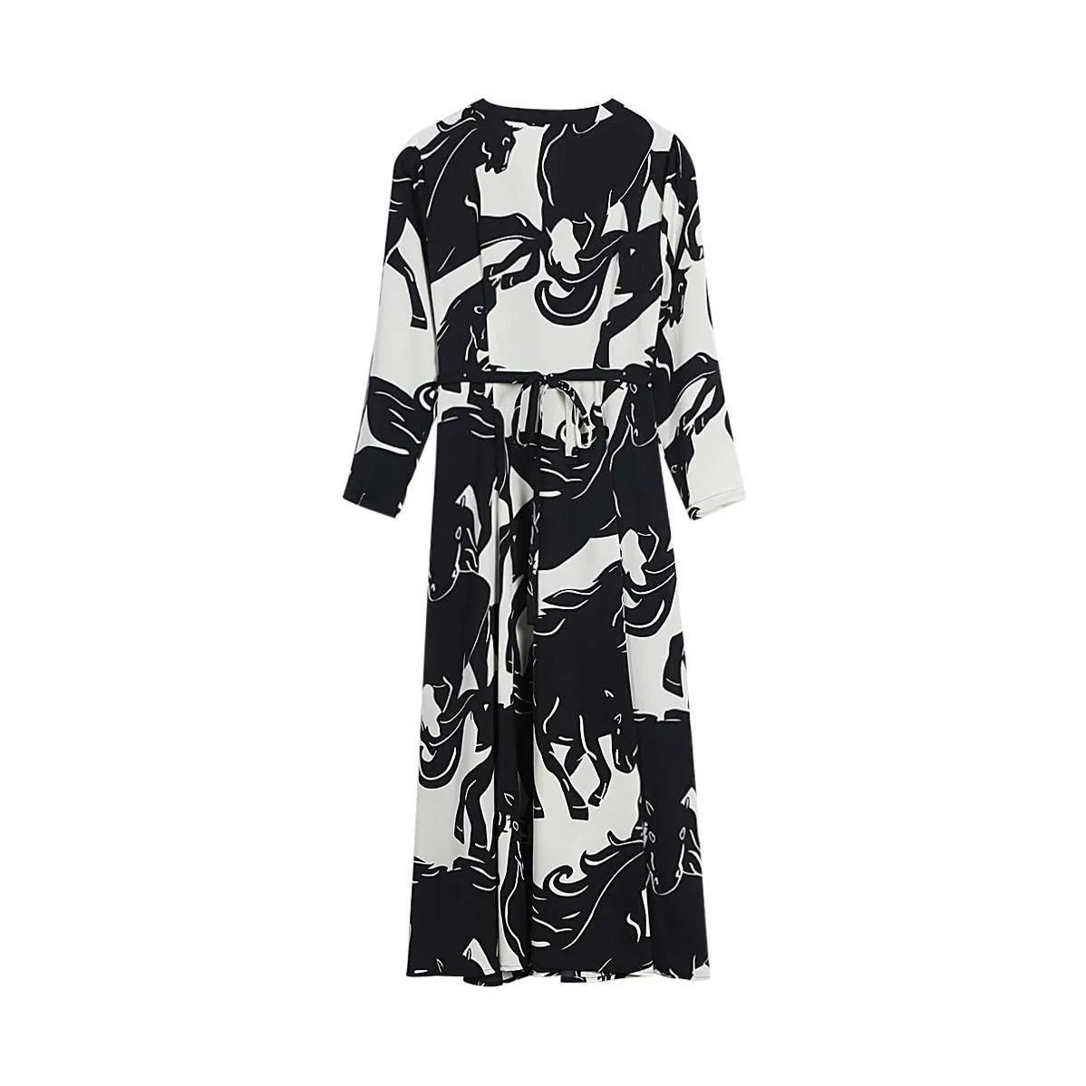 Calf-length Floral Dress with a Waist-Cinching Design