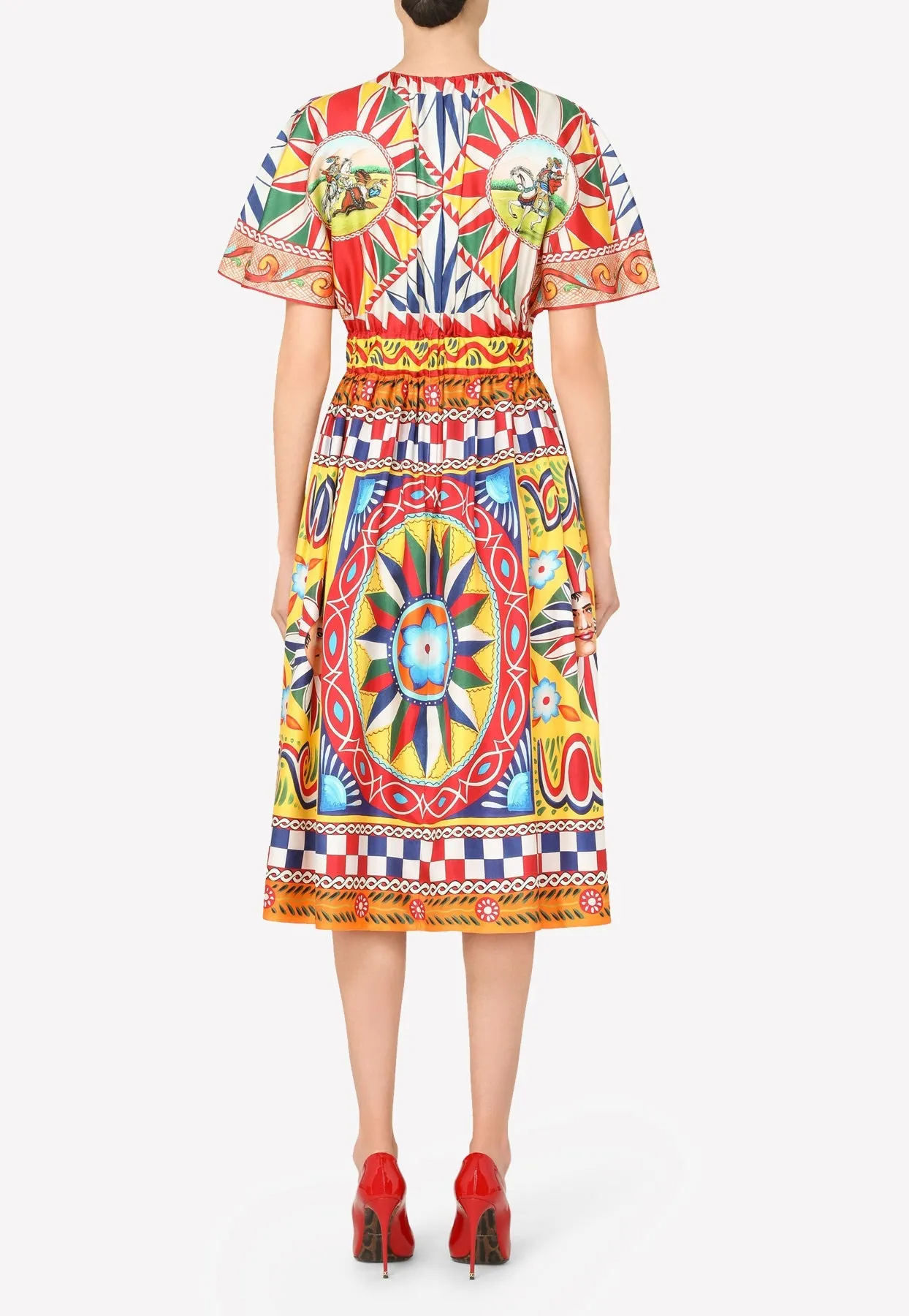 Carretto Print Ruffled Sleeve Silk Dress