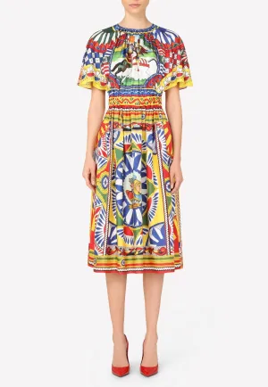 Carretto Print Ruffled Sleeve Silk Dress