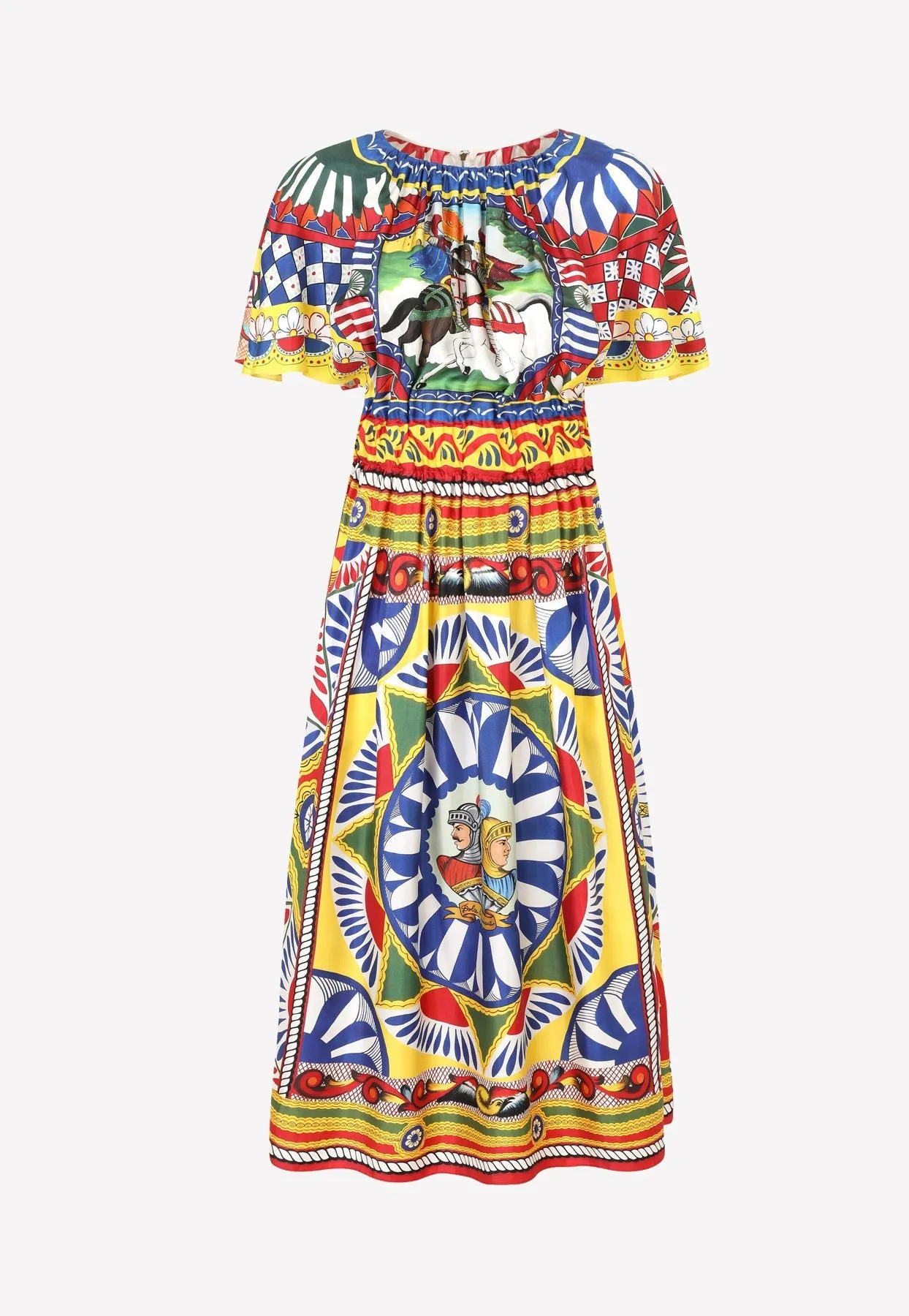 Carretto Print Ruffled Sleeve Silk Dress
