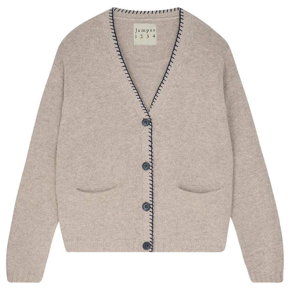 Cashmere Blanket Stitch Cardigan - Light Brown Navy