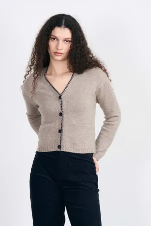 Cashmere Blanket Stitch Cardigan - Light Brown Navy