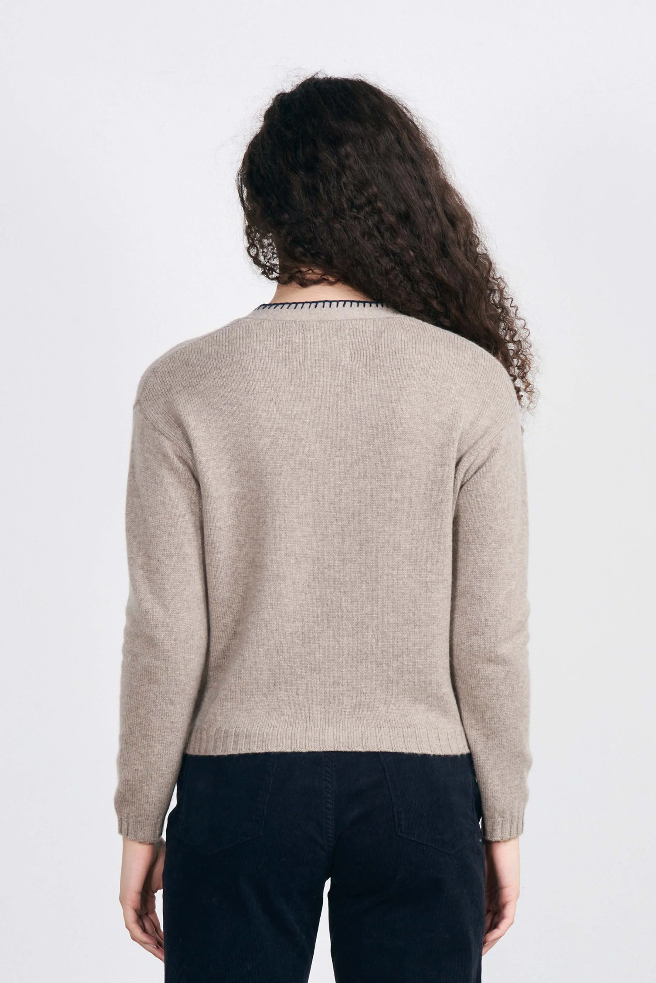Cashmere Blanket Stitch Cardigan - Light Brown Navy