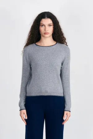 Cashmere Blanket Stitch Crew - Mid Grey Navy