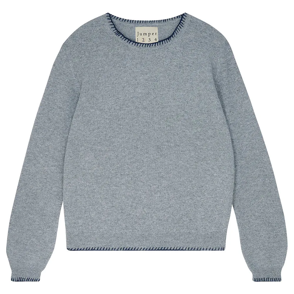 Cashmere Blanket Stitch Crew - Mid Grey Navy