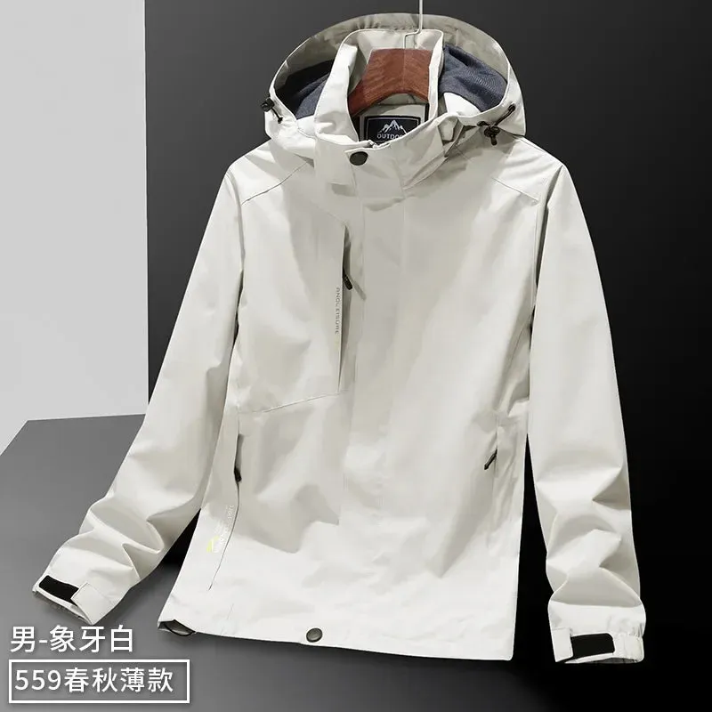 Casual Men's Lightweight Windbreaker Jacket Spring and Autumn Waterproof Work Hooded Sports Raincoat Unisex Camping Travel Coat