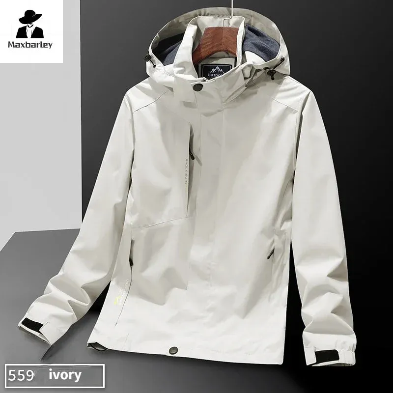 Casual Men's Lightweight Windbreaker Jacket Spring and Autumn Waterproof Work Hooded Sports Raincoat Unisex Camping Travel Coat