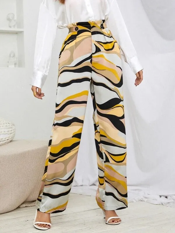 CM-BS241271 Women Casual Seoul Style Allover Print Paperbag Waist Pants