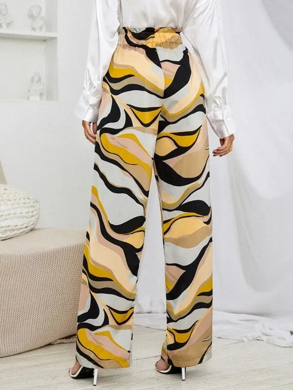 CM-BS241271 Women Casual Seoul Style Allover Print Paperbag Waist Pants
