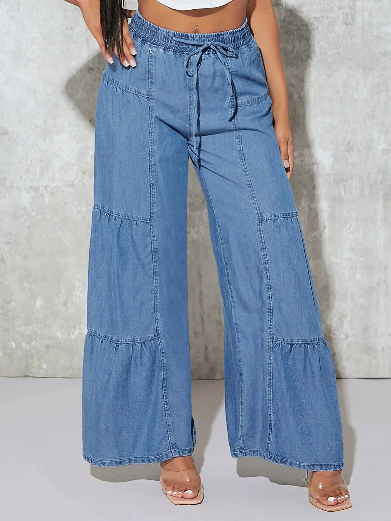 CM-BS441070 Women Preppy Seoul Style Paperbag Waist Belted Wide Leg Jeans