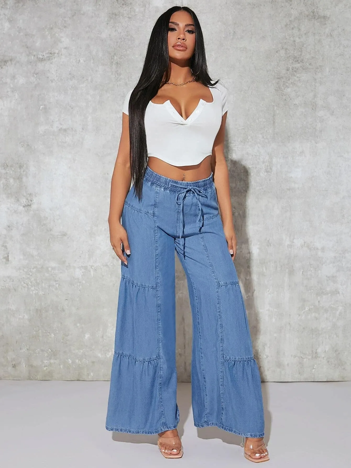 CM-BS441070 Women Preppy Seoul Style Paperbag Waist Belted Wide Leg Jeans