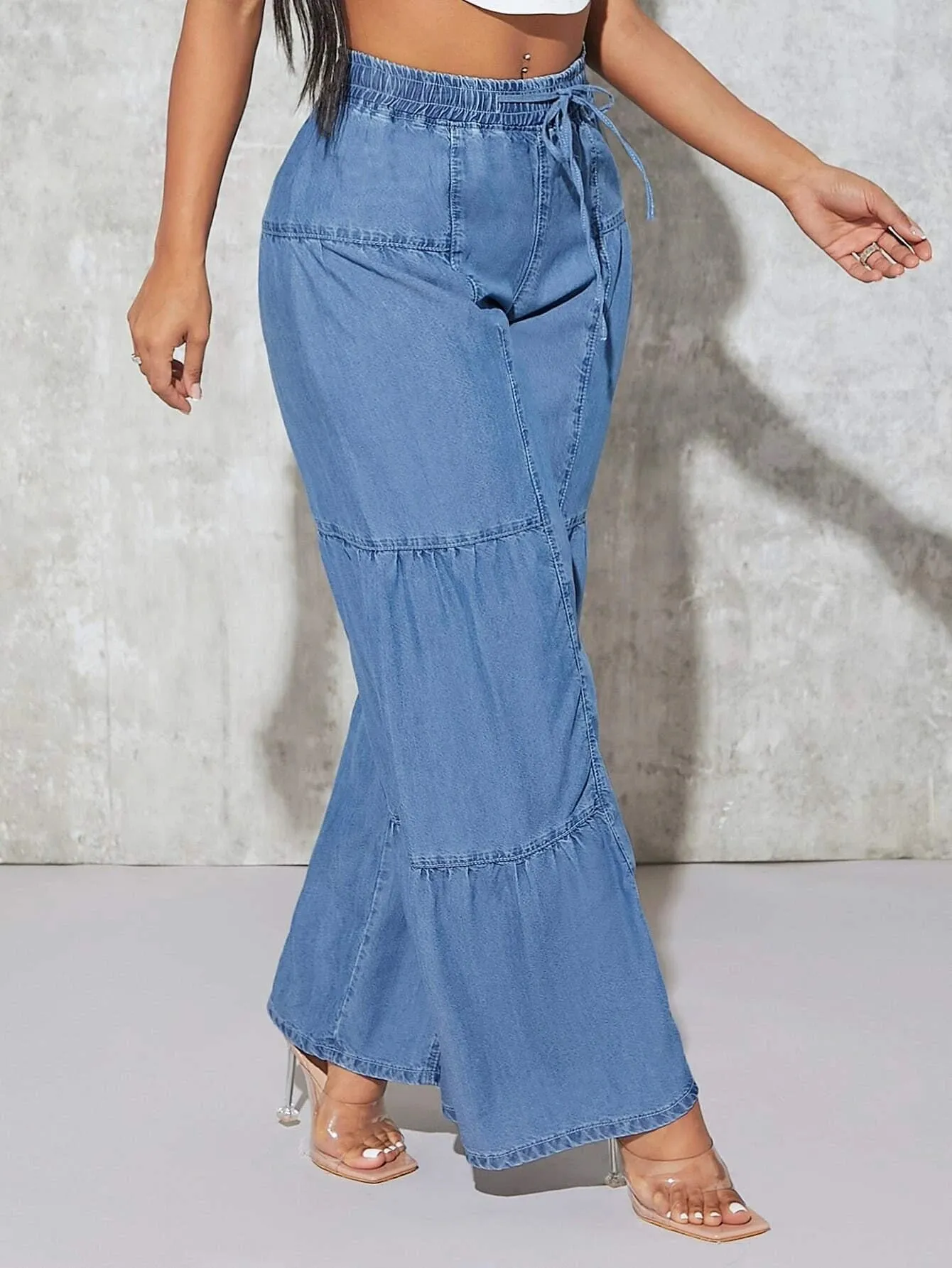 CM-BS441070 Women Preppy Seoul Style Paperbag Waist Belted Wide Leg Jeans