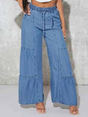 CM-BS441070 Women Preppy Seoul Style Paperbag Waist Belted Wide Leg Jeans