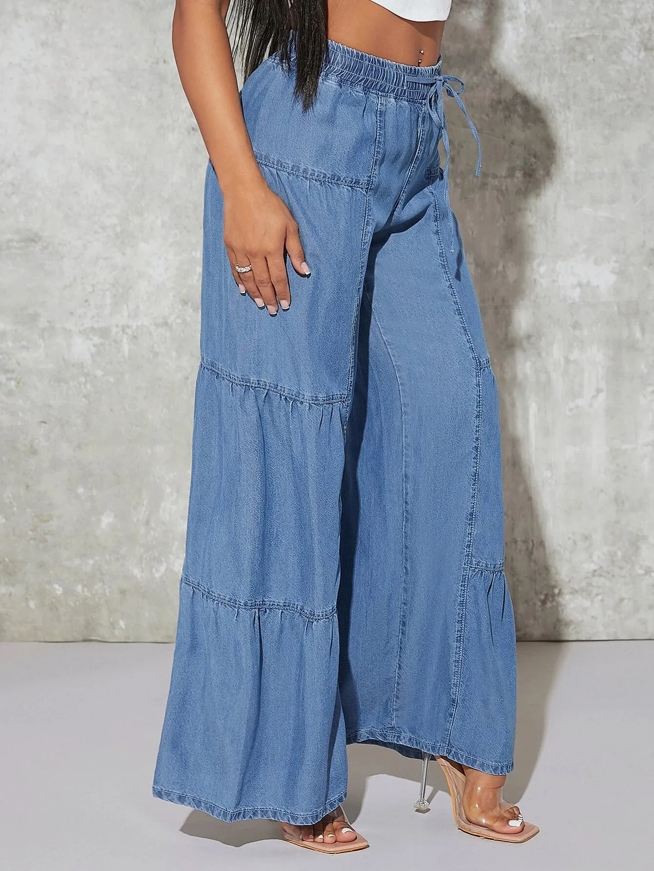 CM-BS441070 Women Preppy Seoul Style Paperbag Waist Belted Wide Leg Jeans