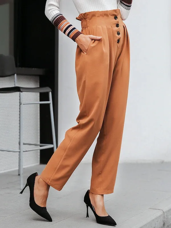 CM-BS702668 Women Casual Seoul Style High Waist Paperbag Waist Button Front Pleated Pants - Camel