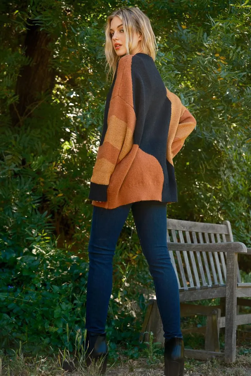 Color Block Printed Wide Mock Neck Sweater