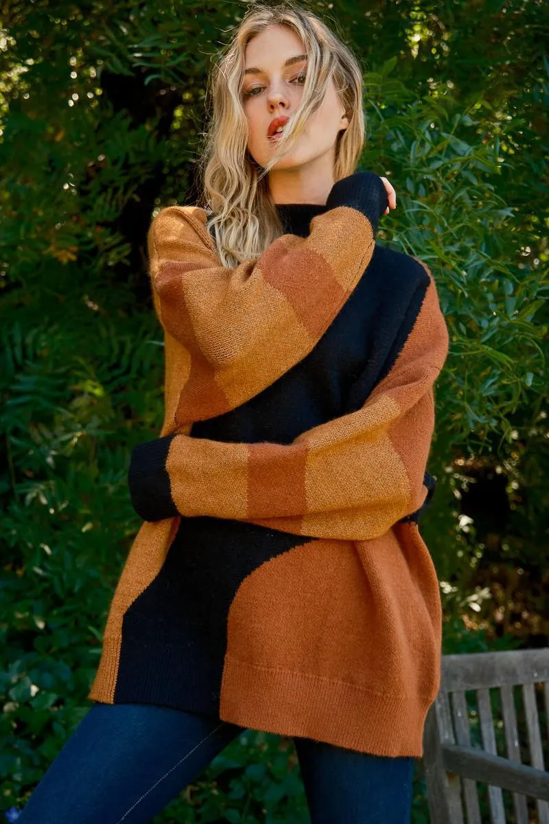 Color Block Printed Wide Mock Neck Sweater