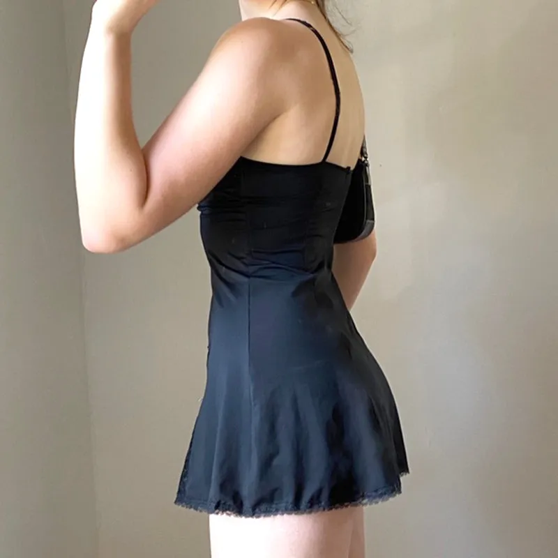 CONTRASTING COLOR BOW LACE MOSAIC SLIP DRESS UB98019