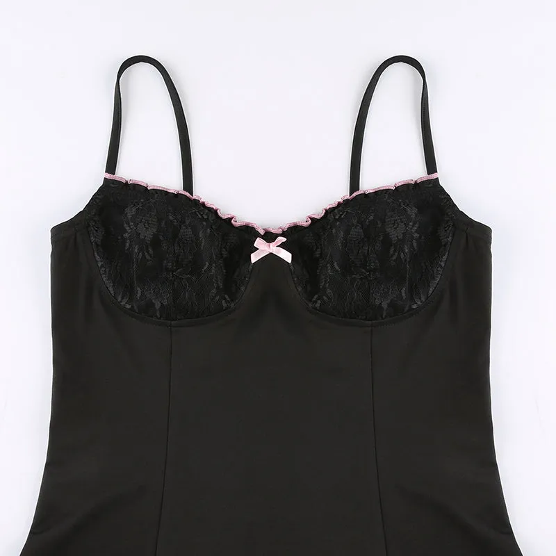 CONTRASTING COLOR BOW LACE MOSAIC SLIP DRESS UB98019