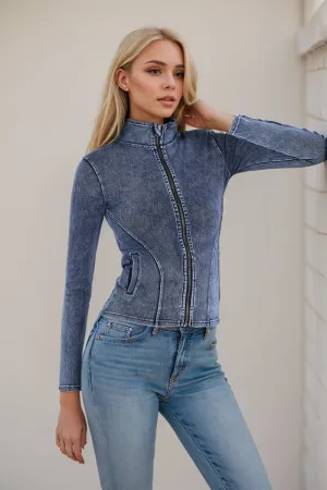 Cozy Basic Bae Women’s Stretchy Pocketed Turtleneck Denim Zip-Up Top