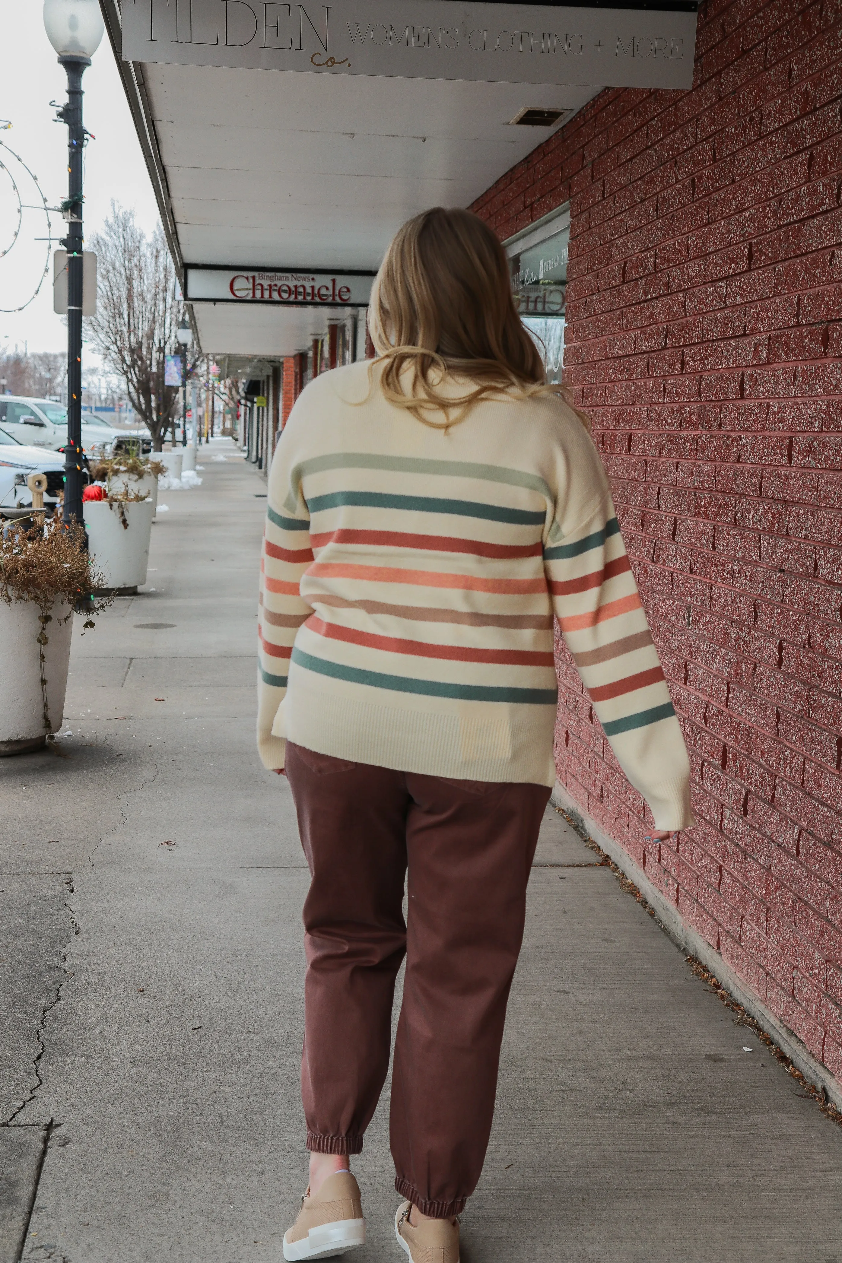 Crew Neck Stripe Split Hem Sweater