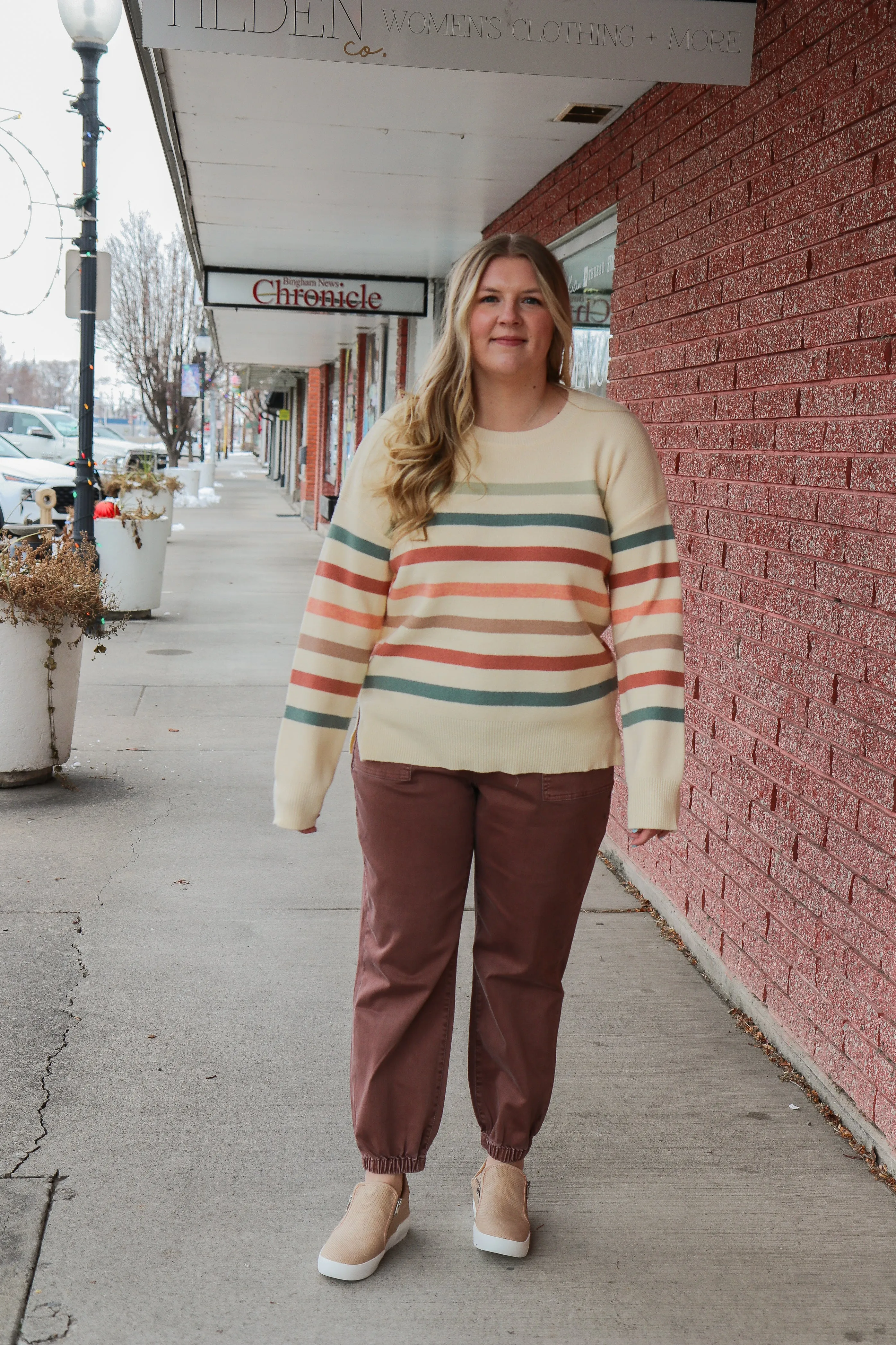 Crew Neck Stripe Split Hem Sweater