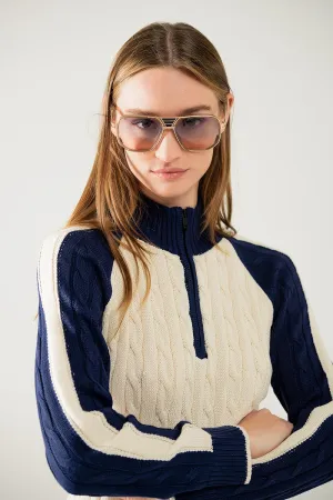 cropped white and navy sweater with neck zipper