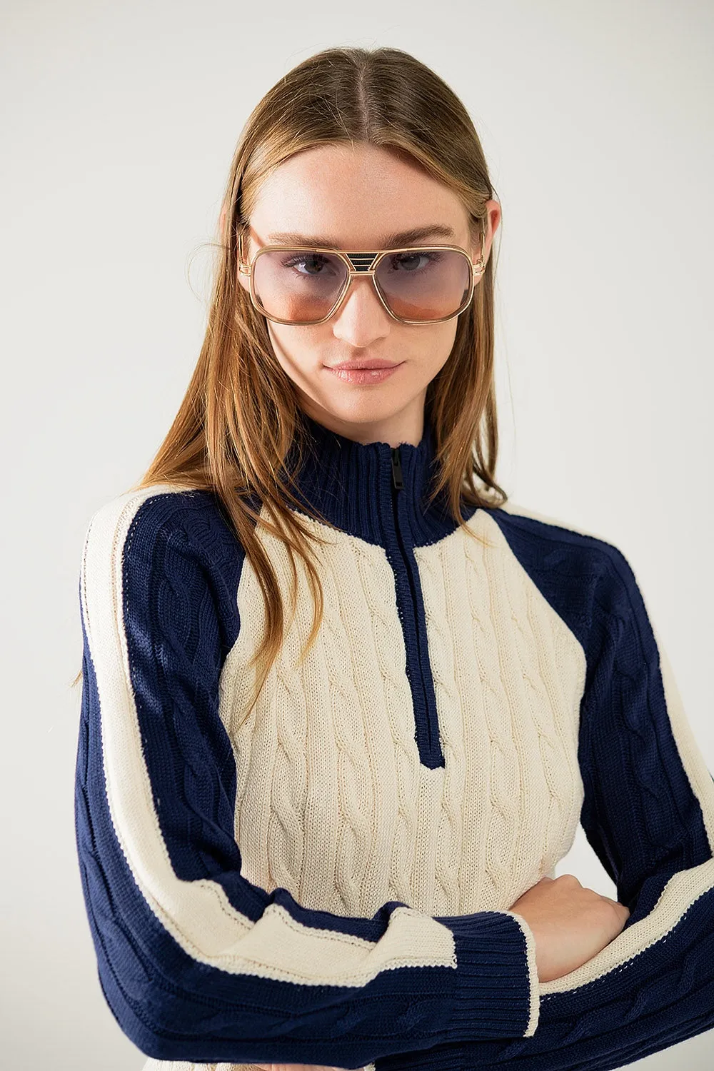 cropped white and navy sweater with neck zipper