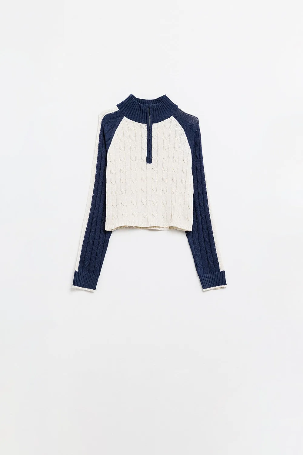 cropped white and navy sweater with neck zipper