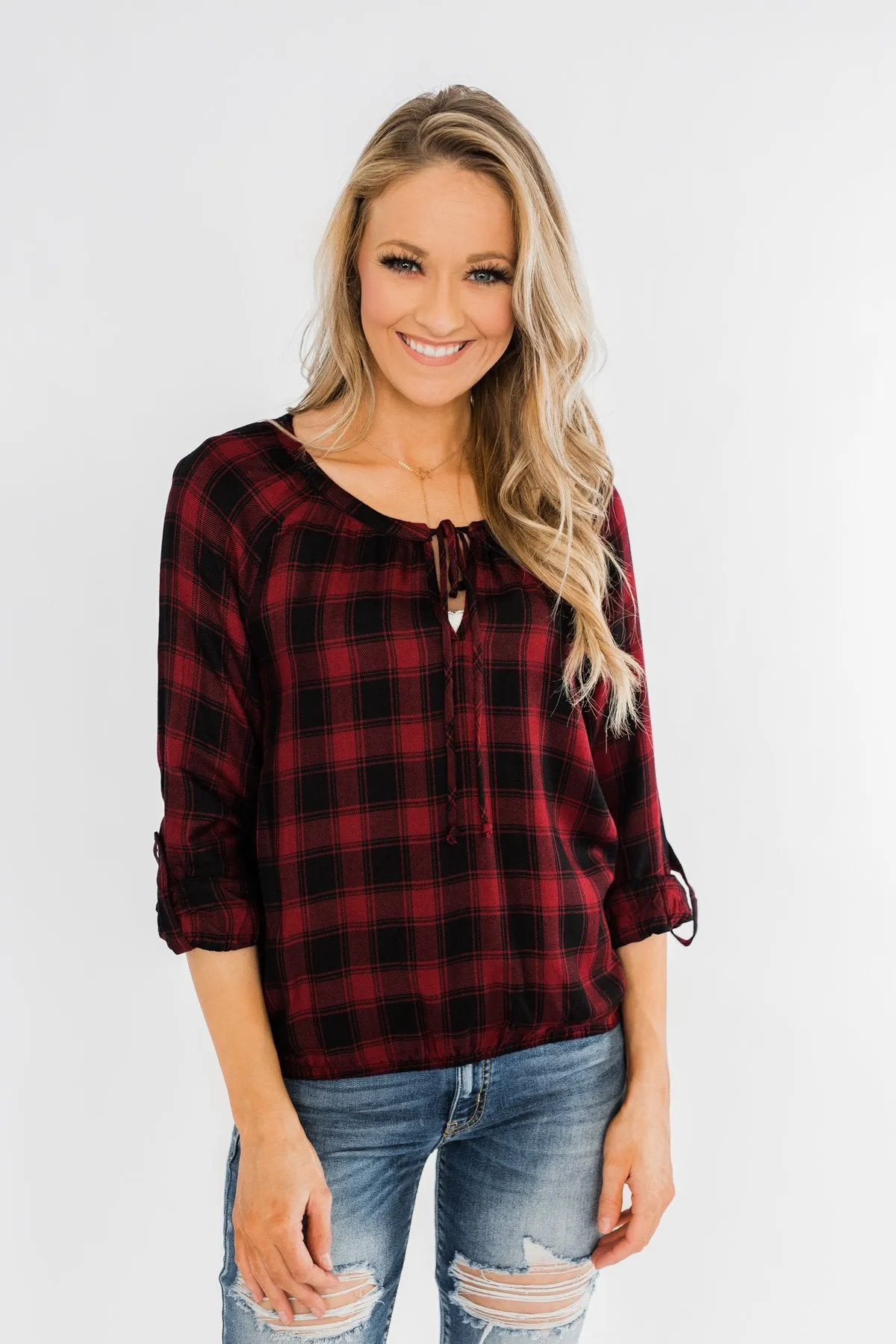 Dear Darling Plaid Top- Deep Burgundy