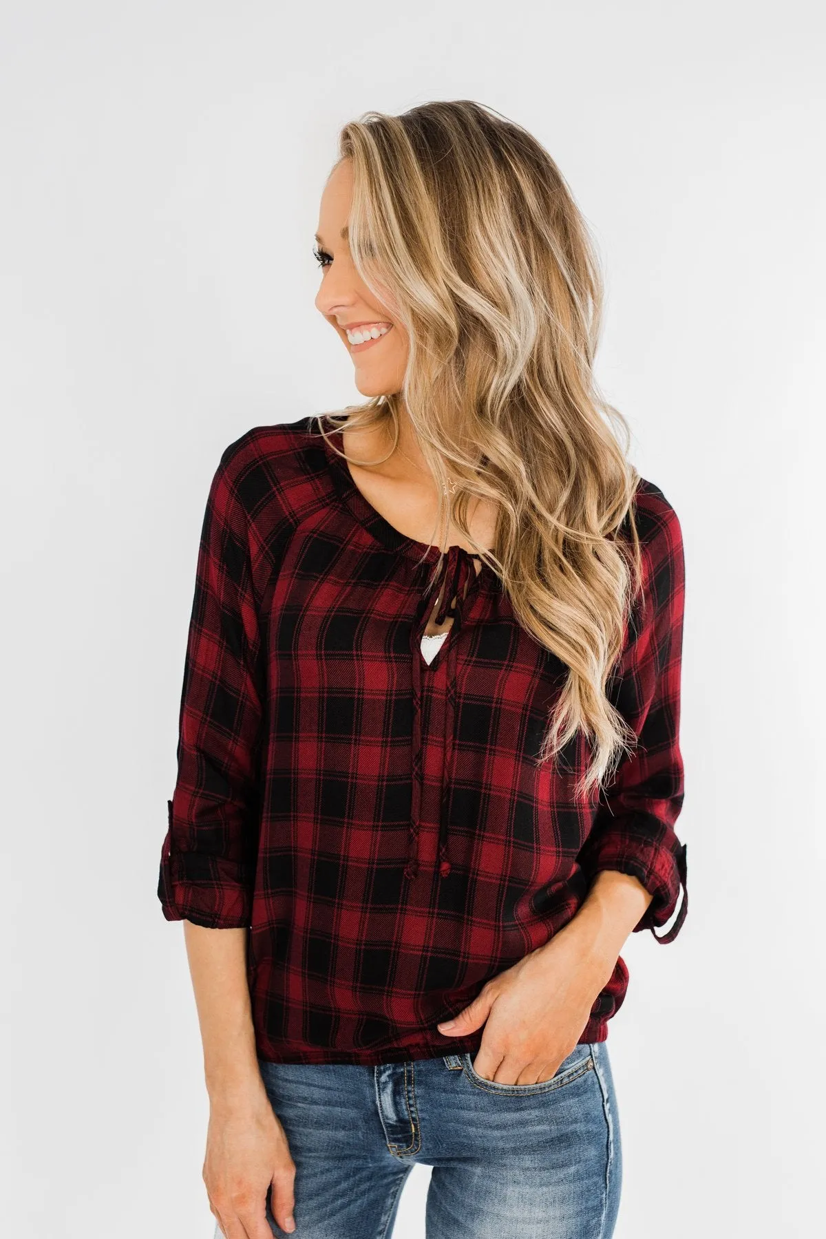 Dear Darling Plaid Top- Deep Burgundy