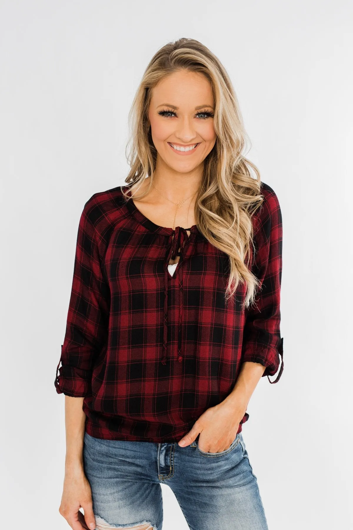 Dear Darling Plaid Top- Deep Burgundy