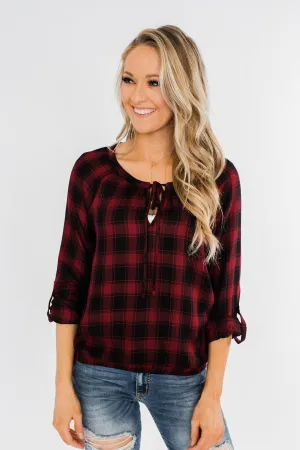 Dear Darling Plaid Top- Deep Burgundy