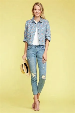 Denim Button Down Floral Crop Top Top Blue  - Pack of 6