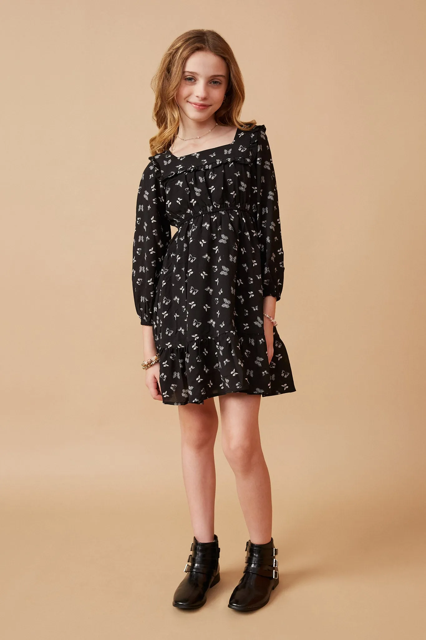 Ditsy Butterfly Print Ruffled Square Neck Dress