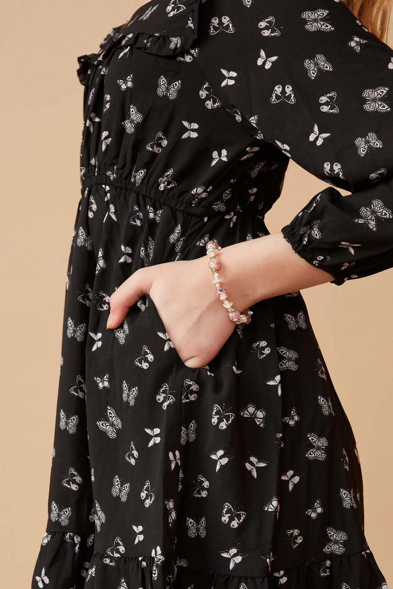 Ditsy Butterfly Print Ruffled Square Neck Dress
