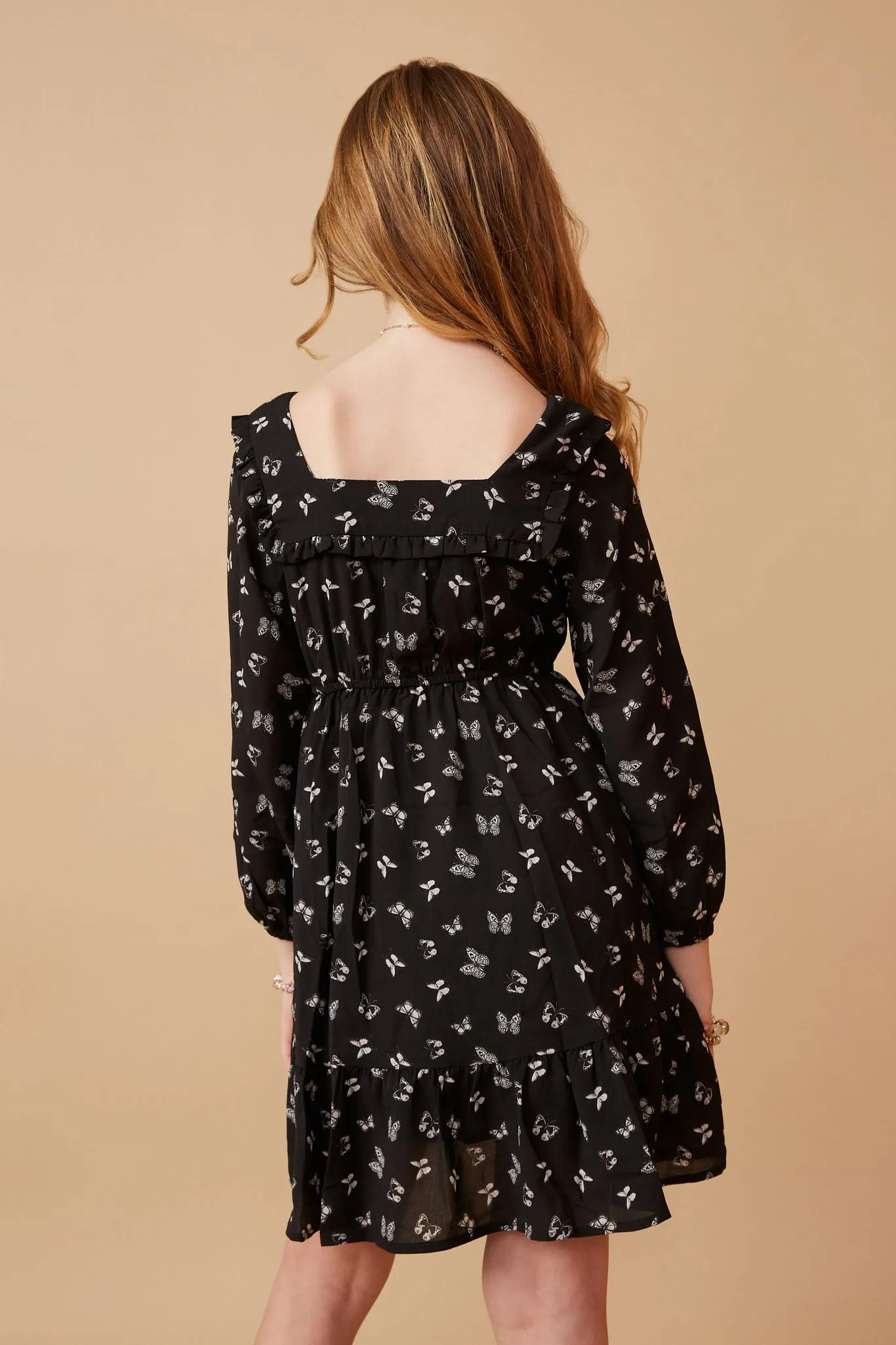 Ditsy Butterfly Print Ruffled Square Neck Dress
