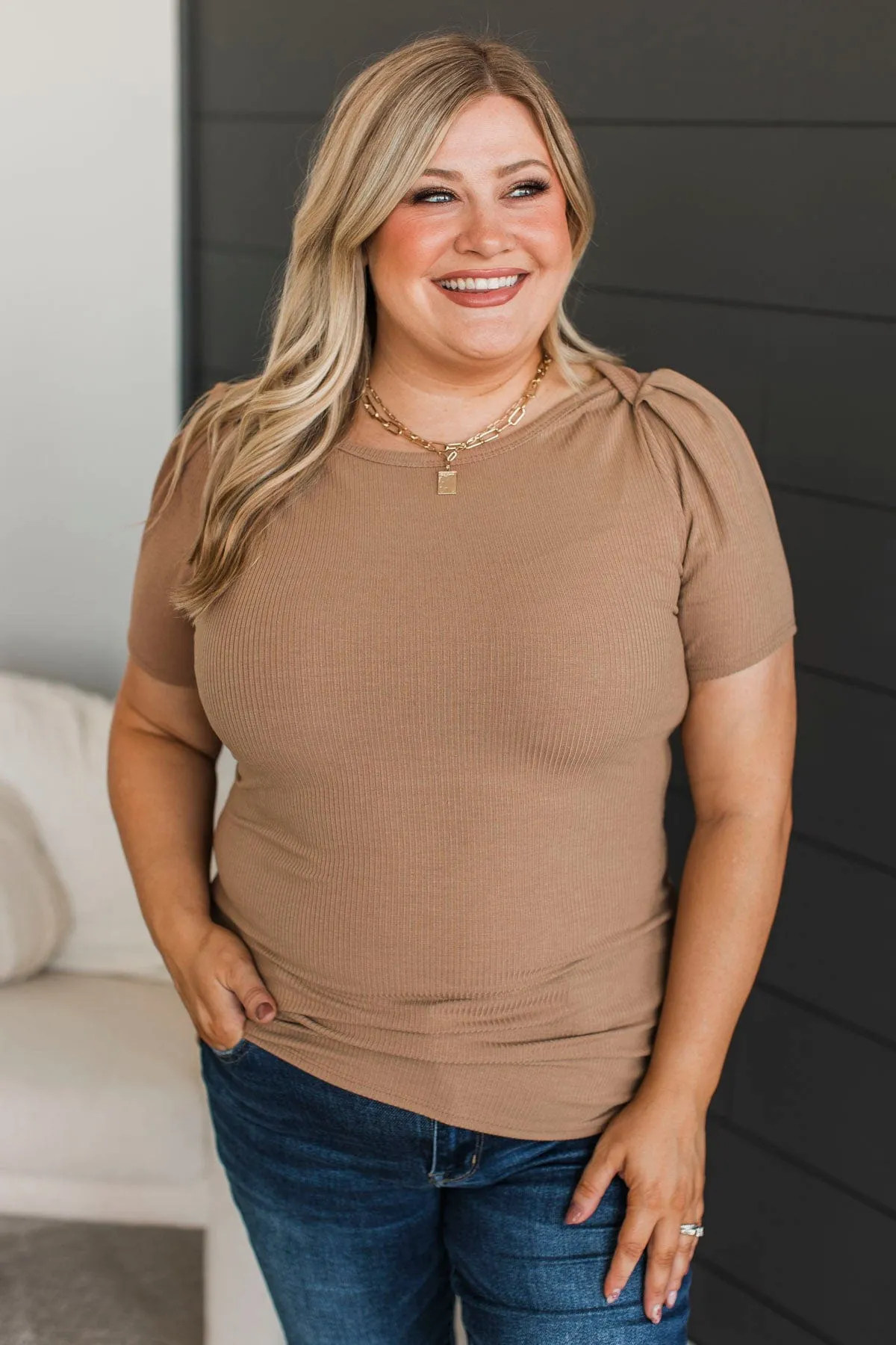 Doing The Most Ribbed Short Sleeve Top- Acorn
