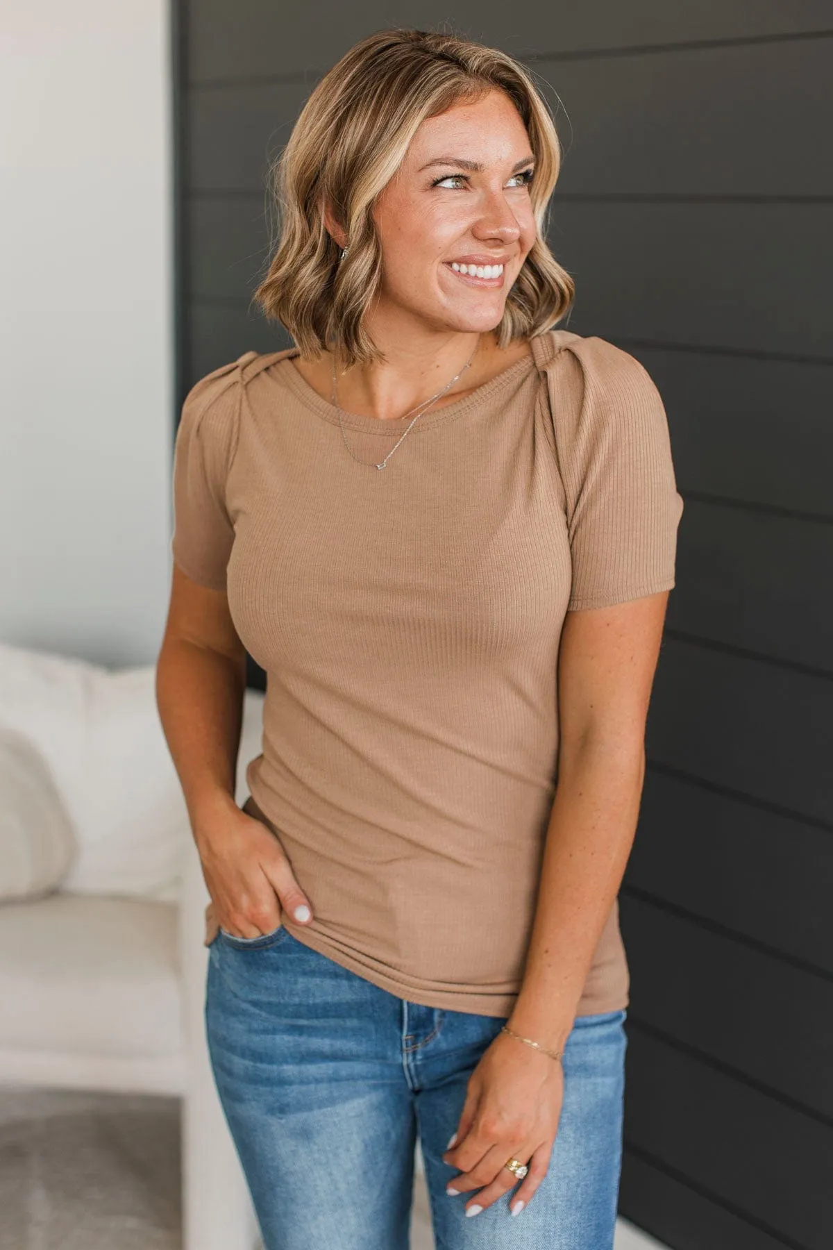 Doing The Most Ribbed Short Sleeve Top- Acorn